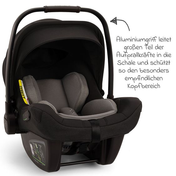 Nuna Babyschale PIPA next i-Size inkl. Base next ab Geburt bis 13 kg (40 cm - 83 cm) inkl. Sitzverkleinerer, Sonnenverdeck mit Dream Drape, Polsterschutz nur 2,8 kg - Caviar