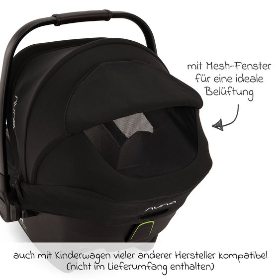Nuna Babyschale PIPA next i-Size inkl. Base next ab Geburt bis 13 kg (40 cm - 83 cm) inkl. Sitzverkleinerer, Sonnenverdeck mit Dream Drape, Polsterschutz nur 2,8 kg - Caviar