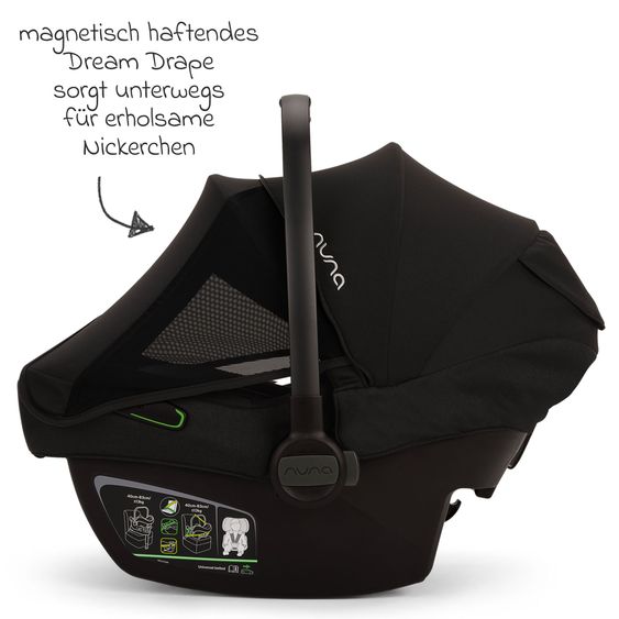 Nuna Babyschale PIPA next i-Size inkl. Base next ab Geburt bis 13 kg (40 cm - 83 cm) inkl. Sitzverkleinerer, Sonnenverdeck mit Dream Drape, Polsterschutz nur 2,8 kg - Caviar