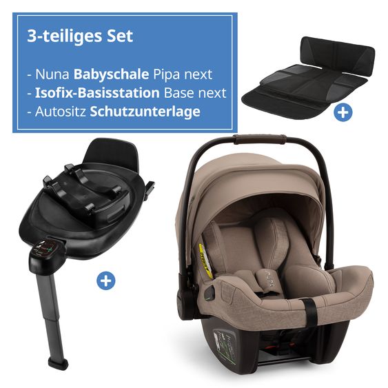 Nuna Babyschale PIPA next i-Size inkl. Base next ab Geburt bis 13 kg (40 cm - 83 cm) inkl. Sitzverkleinerer, Sonnenverdeck mit Dream Drape, Polsterschutz nur 2,8 kg - Cedar