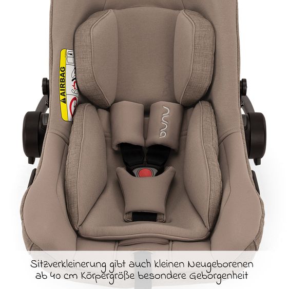 Nuna Babyschale PIPA next i-Size inkl. Base next ab Geburt bis 13 kg (40 cm - 83 cm) inkl. Sitzverkleinerer, Sonnenverdeck mit Dream Drape, Polsterschutz nur 2,8 kg - Cedar
