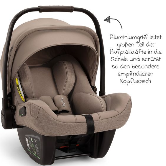 Nuna Babyschale PIPA next i-Size inkl. Base next ab Geburt bis 13 kg (40 cm - 83 cm) inkl. Sitzverkleinerer, Sonnenverdeck mit Dream Drape, Polsterschutz nur 2,8 kg - Cedar