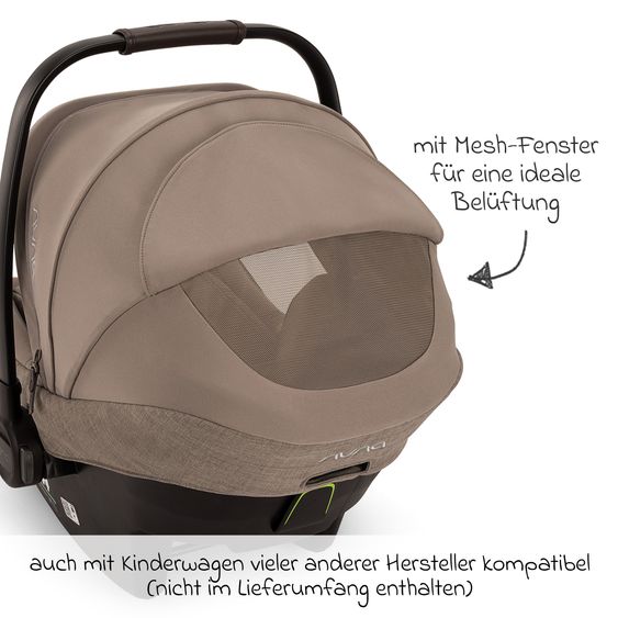 Nuna Babyschale PIPA next i-Size inkl. Base next ab Geburt bis 13 kg (40 cm - 83 cm) inkl. Sitzverkleinerer, Sonnenverdeck mit Dream Drape, Polsterschutz nur 2,8 kg - Cedar