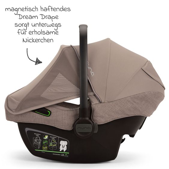 Nuna Babyschale PIPA next i-Size inkl. Base next ab Geburt bis 13 kg (40 cm - 83 cm) inkl. Sitzverkleinerer, Sonnenverdeck mit Dream Drape, Polsterschutz nur 2,8 kg - Cedar