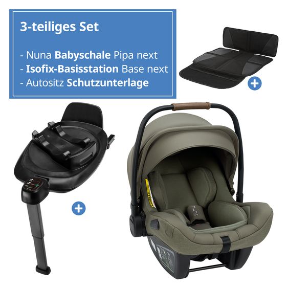Nuna Babyschale PIPA next i-Size inkl. Base next ab Geburt bis 13 kg (40 cm - 83 cm) inkl. Sitzverkleinerer, Sonnenverdeck mit Dream Drape, Polsterschutz nur 2,8 kg - Pine