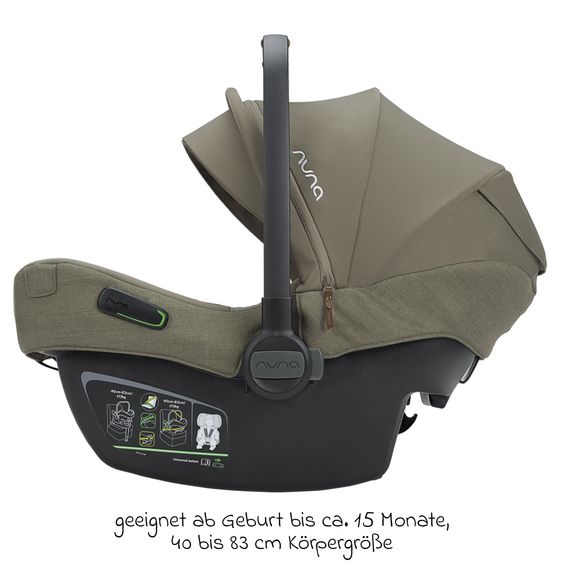 Nuna Babyschale PIPA next i-Size inkl. Base next ab Geburt bis 13 kg (40 cm - 83 cm) inkl. Sitzverkleinerer, Sonnenverdeck mit Dream Drape, Polsterschutz nur 2,8 kg - Pine