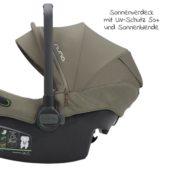 Nuna Babyschale PIPA next i-Size inkl. Base next ab Geburt bis 13 kg (40 cm - 83 cm) inkl. Sitzverkleinerer, Sonnenverdeck mit Dream Drape, Polsterschutz nur 2,8 kg - Pine