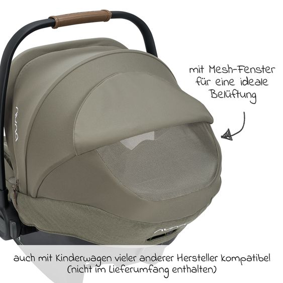 Nuna Babyschale PIPA next i-Size inkl. Base next ab Geburt bis 13 kg (40 cm - 83 cm) inkl. Sitzverkleinerer, Sonnenverdeck mit Dream Drape, Polsterschutz nur 2,8 kg - Pine