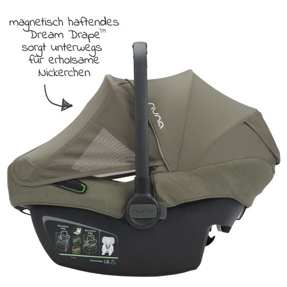 Nuna Babyschale PIPA next i-Size inkl. Base next ab Geburt bis 13 kg (40 cm - 83 cm) inkl. Sitzverkleinerer, Sonnenverdeck mit Dream Drape, Polsterschutz nur 2,8 kg - Pine