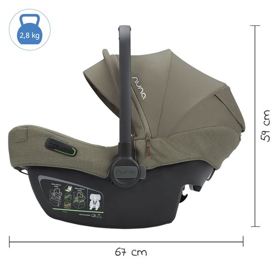 Nuna Babyschale PIPA next i-Size inkl. Base next ab Geburt bis 13 kg (40 cm - 83 cm) inkl. Sitzverkleinerer, Sonnenverdeck mit Dream Drape, Polsterschutz nur 2,8 kg - Pine