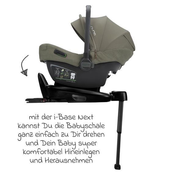 Nuna Babyschale PIPA next i-Size inkl. Base next ab Geburt bis 13 kg (40 cm - 83 cm) inkl. Sitzverkleinerer, Sonnenverdeck mit Dream Drape, Polsterschutz nur 2,8 kg - Pine