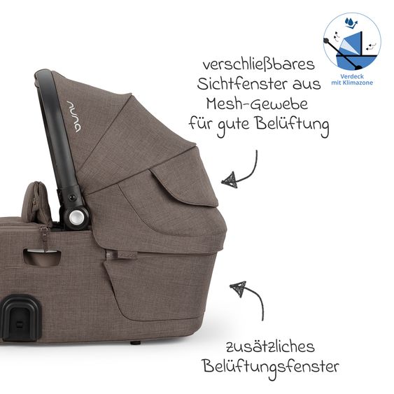 Nuna Navicella per neonati DEMI next pieghevole dalla nascita fino a 9 mesi con protezione visiva, finestra di ventilazione incl. materasso e copertura antipioggia - Castagna