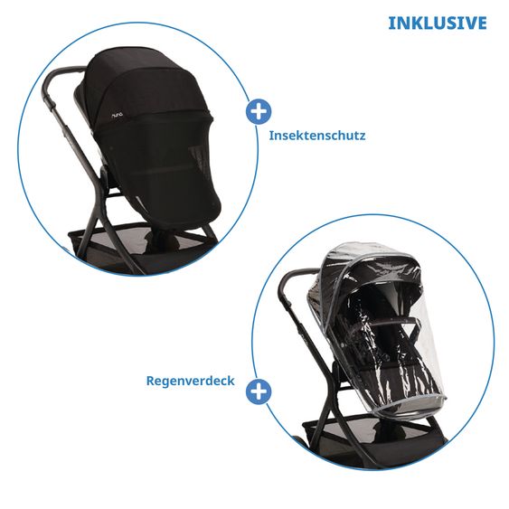 Nuna Buggy & Sportwagen DEMI i-con bis 22 kg mit Staukorb, Allwettersitz, höhenverstellbarem Schieber, Sichtschutz inkl. Adapter & Regenschutz - Caviar