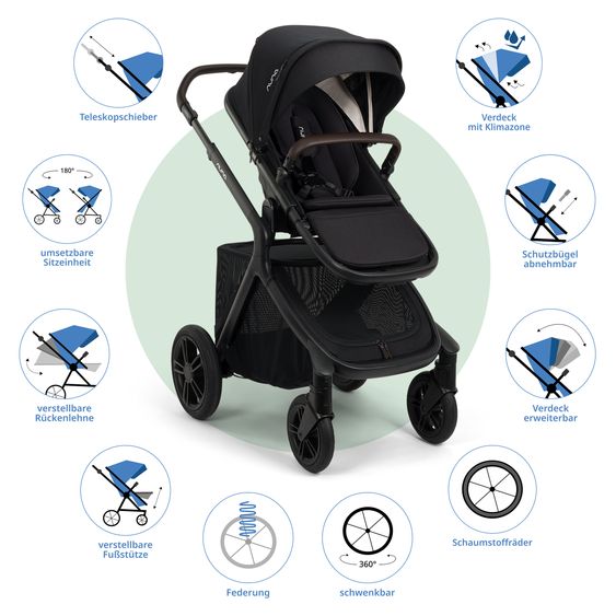 Nuna Poussette DEMI icon jusqu'à 22 kg avec panier de rangement, siège toutes saisons, guidon réglable en hauteur, pare-soleil, adaptateurs et protection pluie inclus - Caviar