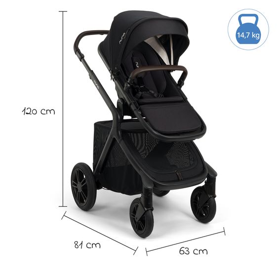 Nuna Poussette DEMI icon jusqu'à 22 kg avec panier de rangement, siège toutes saisons, guidon réglable en hauteur, pare-soleil, adaptateurs et protection pluie inclus - Caviar
