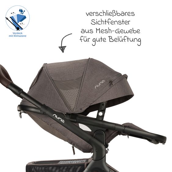 Nuna Poussette DEMI icon jusqu'à 22 kg avec panier de rangement, siège toutes saisons, guidon réglable en hauteur, pare-soleil, adaptateurs et protection pluie inclus - Châtaigne