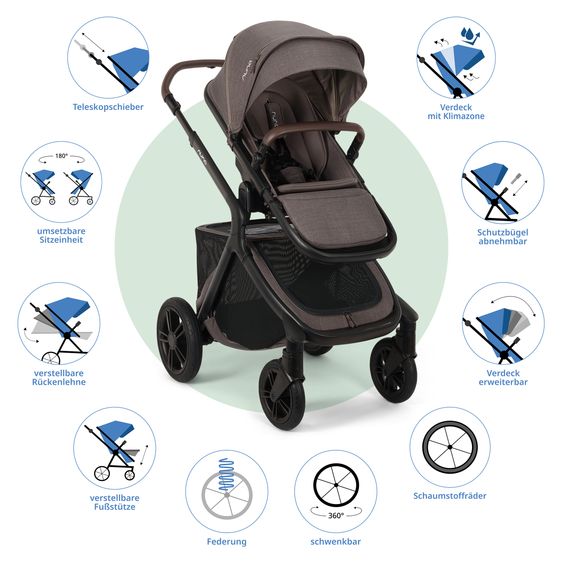 Nuna Poussette DEMI icon jusqu'à 22 kg avec panier de rangement, siège toutes saisons, guidon réglable en hauteur, pare-soleil, adaptateurs et protection pluie inclus - Châtaigne