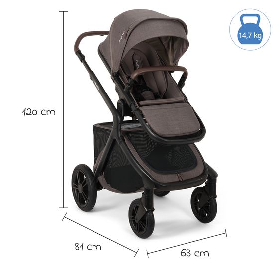 Nuna Poussette DEMI icon jusqu'à 22 kg avec panier de rangement, siège toutes saisons, guidon réglable en hauteur, pare-soleil, adaptateurs et protection pluie inclus - Châtaigne