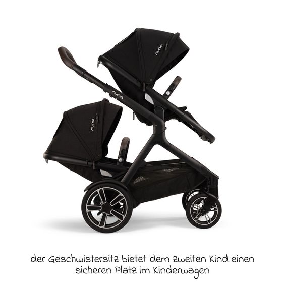 Nuna Buggy e Passeggino sportivo DEMI next bis 22 kg con Rider Board, chiusura magnetica della cintura, sedile Allwetter reversibile, maniglione regolabile in altezza, protezione visiva integrata incl. adattatore e copertura antipioggia - Caviar