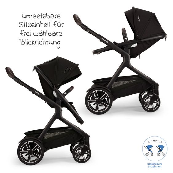 Nuna Buggy e Passeggino sportivo DEMI next bis 22 kg con Rider Board, chiusura magnetica della cintura, sedile Allwetter reversibile, maniglione regolabile in altezza, protezione visiva integrata incl. adattatore e copertura antipioggia - Caviar