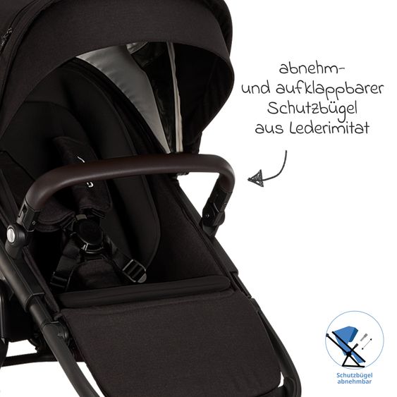 Nuna Buggy e Passeggino sportivo DEMI next bis 22 kg con Rider Board, chiusura magnetica della cintura, sedile Allwetter reversibile, maniglione regolabile in altezza, protezione visiva integrata incl. adattatore e copertura antipioggia - Caviar