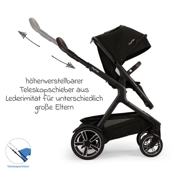 Nuna Buggy e Passeggino sportivo DEMI next bis 22 kg con Rider Board, chiusura magnetica della cintura, sedile Allwetter reversibile, maniglione regolabile in altezza, protezione visiva integrata incl. adattatore e copertura antipioggia - Caviar