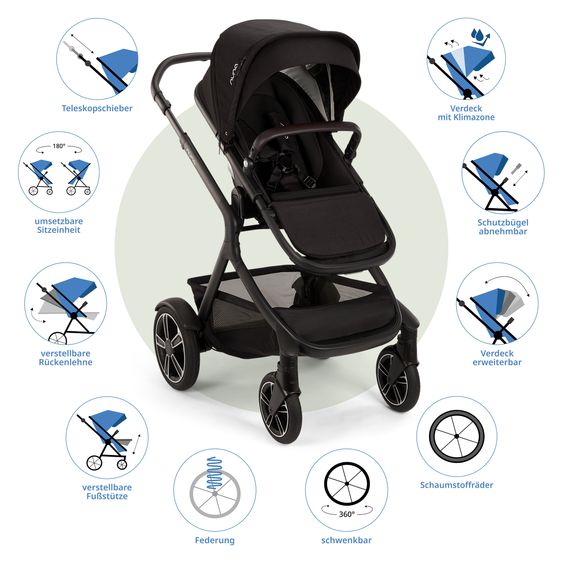 Nuna Buggy e Passeggino sportivo DEMI next bis 22 kg con Rider Board, chiusura magnetica della cintura, sedile Allwetter reversibile, maniglione regolabile in altezza, protezione visiva integrata incl. adattatore e copertura antipioggia - Caviar