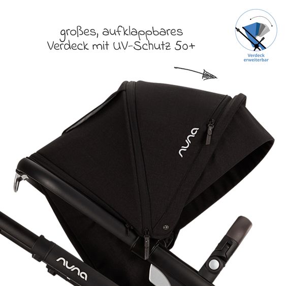 Nuna Buggy e Passeggino sportivo DEMI next bis 22 kg con Rider Board, chiusura magnetica della cintura, sedile Allwetter reversibile, maniglione regolabile in altezza, protezione visiva integrata incl. adattatore e copertura antipioggia - Caviar