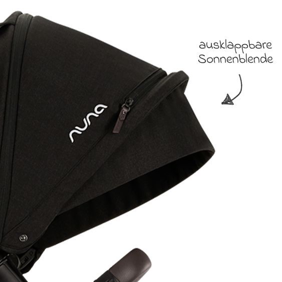 Nuna Buggy e Passeggino sportivo DEMI next bis 22 kg con Rider Board, chiusura magnetica della cintura, sedile Allwetter reversibile, maniglione regolabile in altezza, protezione visiva integrata incl. adattatore e copertura antipioggia - Caviar