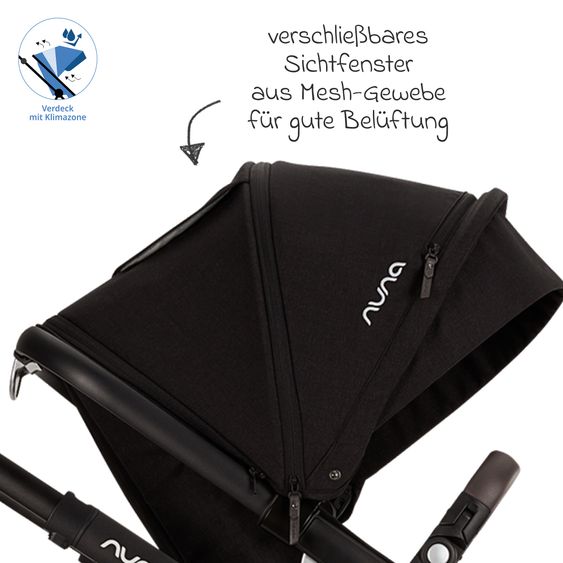 Nuna Buggy e Passeggino sportivo DEMI next bis 22 kg con Rider Board, chiusura magnetica della cintura, sedile Allwetter reversibile, maniglione regolabile in altezza, protezione visiva integrata incl. adattatore e copertura antipioggia - Caviar