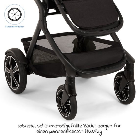 Nuna Buggy e Passeggino sportivo DEMI next bis 22 kg con Rider Board, chiusura magnetica della cintura, sedile Allwetter reversibile, maniglione regolabile in altezza, protezione visiva integrata incl. adattatore e copertura antipioggia - Caviar