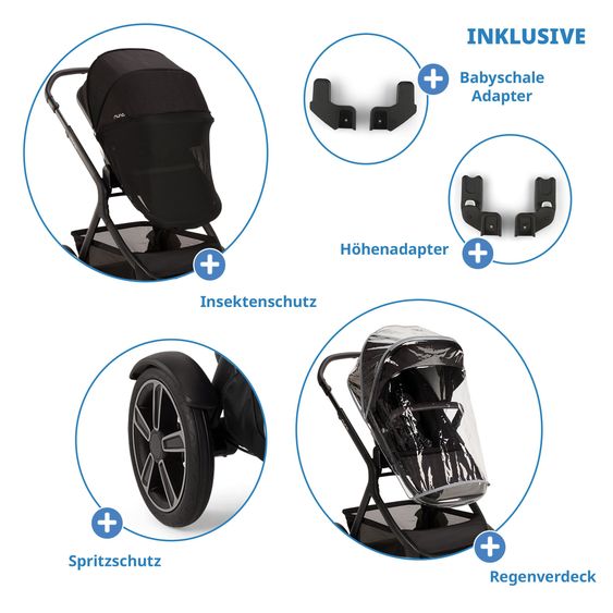 Nuna Buggy e Passeggino sportivo DEMI next bis 22 kg con Rider Board, chiusura magnetica della cintura, sedile Allwetter reversibile, maniglione regolabile in altezza, protezione visiva integrata incl. adattatore e copertura antipioggia - Caviar