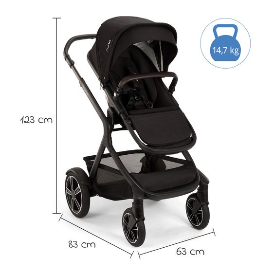Nuna Buggy e Passeggino sportivo DEMI next bis 22 kg con Rider Board, chiusura magnetica della cintura, sedile Allwetter reversibile, maniglione regolabile in altezza, protezione visiva integrata incl. adattatore e copertura antipioggia - Caviar