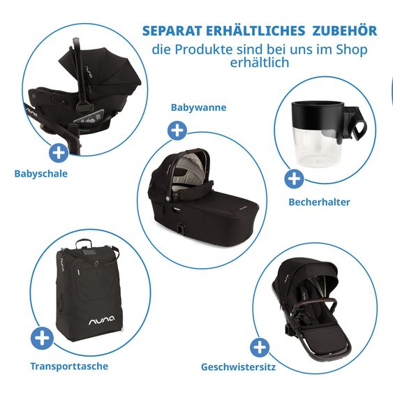 Nuna Buggy e Passeggino sportivo DEMI next bis 22 kg con Rider Board, chiusura magnetica della cintura, sedile Allwetter reversibile, maniglione regolabile in altezza, protezione visiva integrata incl. adattatore e copertura antipioggia - Caviar