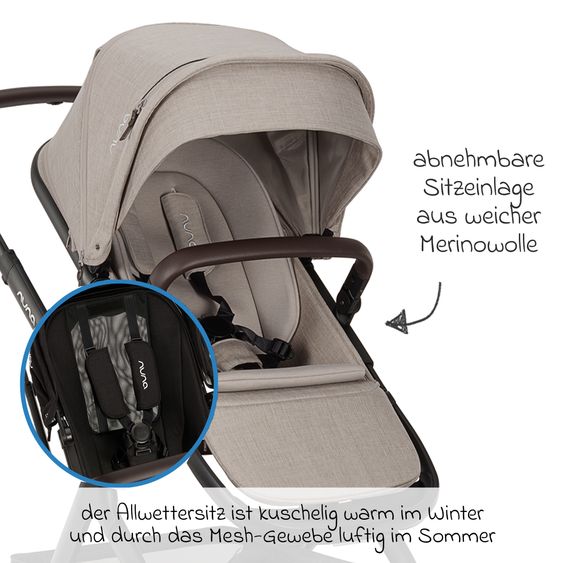 Nuna Buggy e Passeggino sportivo DEMI next bis 22 kg con Rider Board, chiusura magnetica della cintura, sedile Allwetter reversibile, maniglione regolabile in altezza, protezione visiva integrata incl. adattatore e copertura antipioggia - Chateau
