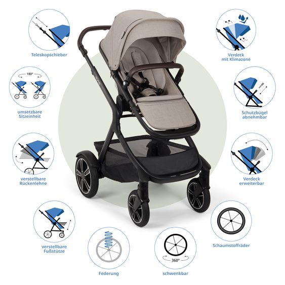 Nuna Buggy e Passeggino sportivo DEMI next bis 22 kg con Rider Board, chiusura magnetica della cintura, sedile Allwetter reversibile, maniglione regolabile in altezza, protezione visiva integrata incl. adattatore e copertura antipioggia - Chateau
