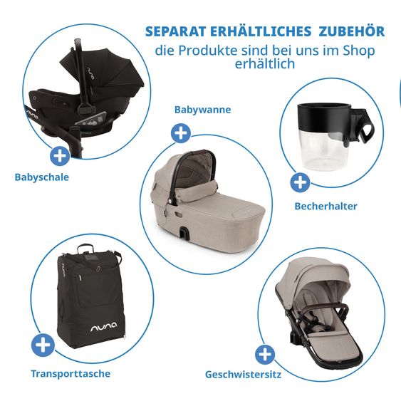 Nuna Buggy e Passeggino sportivo DEMI next bis 22 kg con Rider Board, chiusura magnetica della cintura, sedile Allwetter reversibile, maniglione regolabile in altezza, protezione visiva integrata incl. adattatore e copertura antipioggia - Chateau