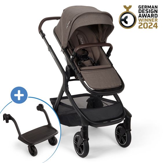 Nuna Buggy e Passeggino sportivo DEMI next bis 22 kg con Rider Board, chiusura magnetica della cintura, sedile Allwetter reversibile, maniglione regolabile in altezza, protezione visiva integrata incl. adattatore e copertura antipioggia - Castagna