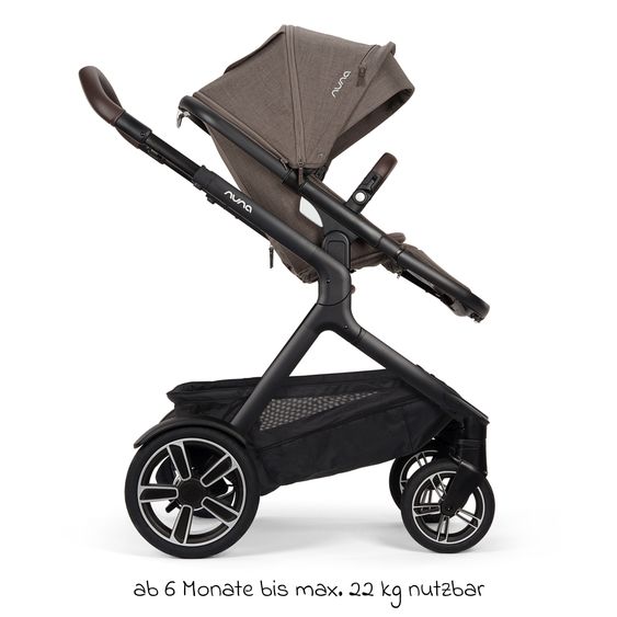 Nuna Buggy e Passeggino sportivo DEMI next bis 22 kg con Rider Board, chiusura magnetica della cintura, sedile Allwetter reversibile, maniglione regolabile in altezza, protezione visiva integrata incl. adattatore e copertura antipioggia - Castagna