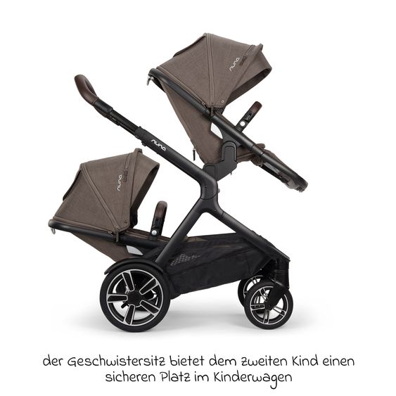 Nuna Buggy e Passeggino sportivo DEMI next bis 22 kg con Rider Board, chiusura magnetica della cintura, sedile Allwetter reversibile, maniglione regolabile in altezza, protezione visiva integrata incl. adattatore e copertura antipioggia - Castagna