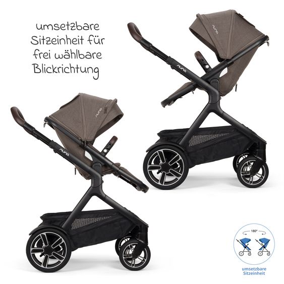 Nuna Buggy e Passeggino sportivo DEMI next bis 22 kg con Rider Board, chiusura magnetica della cintura, sedile Allwetter reversibile, maniglione regolabile in altezza, protezione visiva integrata incl. adattatore e copertura antipioggia - Castagna