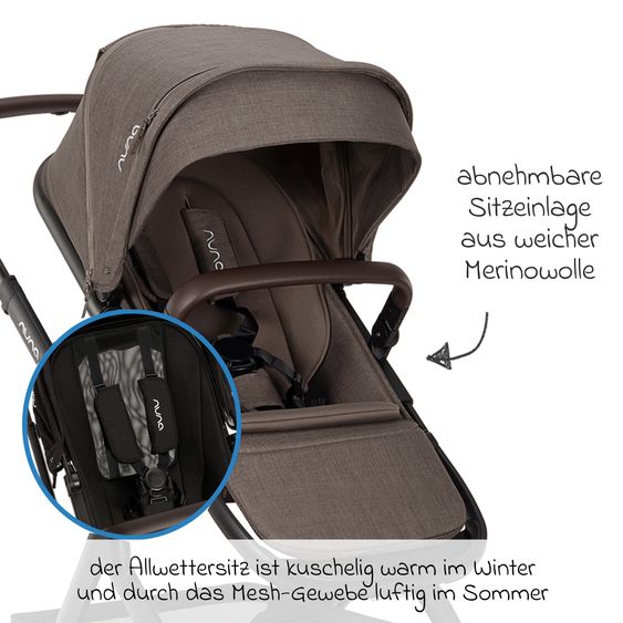 Nuna Buggy e Passeggino sportivo DEMI next bis 22 kg con Rider Board, chiusura magnetica della cintura, sedile Allwetter reversibile, maniglione regolabile in altezza, protezione visiva integrata incl. adattatore e copertura antipioggia - Castagna