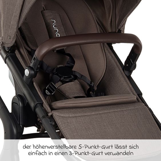 Nuna Buggy e Passeggino sportivo DEMI next bis 22 kg con Rider Board, chiusura magnetica della cintura, sedile Allwetter reversibile, maniglione regolabile in altezza, protezione visiva integrata incl. adattatore e copertura antipioggia - Castagna
