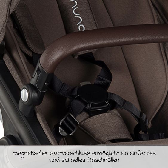 Nuna Buggy e Passeggino sportivo DEMI next bis 22 kg con Rider Board, chiusura magnetica della cintura, sedile Allwetter reversibile, maniglione regolabile in altezza, protezione visiva integrata incl. adattatore e copertura antipioggia - Castagna