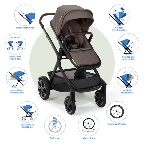Nuna Buggy e Passeggino sportivo DEMI next bis 22 kg con Rider Board, chiusura magnetica della cintura, sedile Allwetter reversibile, maniglione regolabile in altezza, protezione visiva integrata incl. adattatore e copertura antipioggia - Castagna