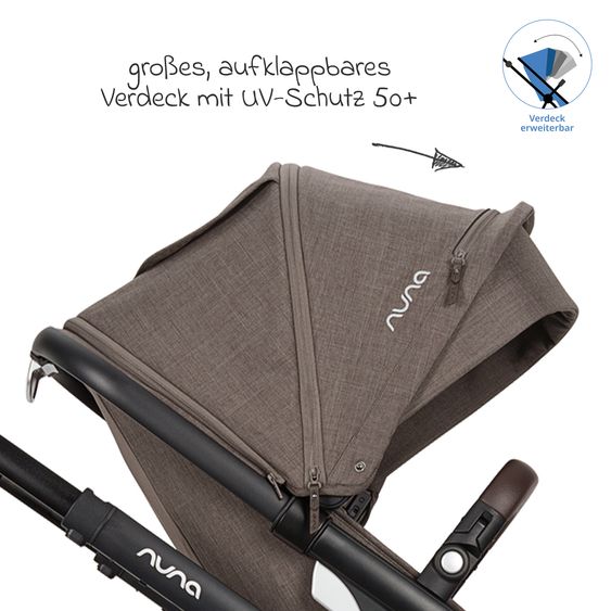 Nuna Buggy e Passeggino sportivo DEMI next bis 22 kg con Rider Board, chiusura magnetica della cintura, sedile Allwetter reversibile, maniglione regolabile in altezza, protezione visiva integrata incl. adattatore e copertura antipioggia - Castagna