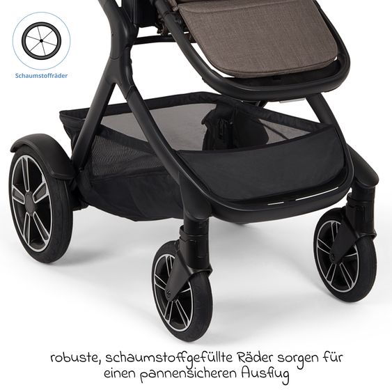 Nuna Buggy e Passeggino sportivo DEMI next bis 22 kg con Rider Board, chiusura magnetica della cintura, sedile Allwetter reversibile, maniglione regolabile in altezza, protezione visiva integrata incl. adattatore e copertura antipioggia - Castagna