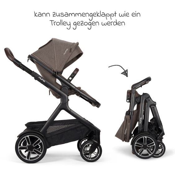Nuna Buggy e Passeggino sportivo DEMI next bis 22 kg con Rider Board, chiusura magnetica della cintura, sedile Allwetter reversibile, maniglione regolabile in altezza, protezione visiva integrata incl. adattatore e copertura antipioggia - Castagna