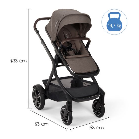 Nuna Buggy e Passeggino sportivo DEMI next bis 22 kg con Rider Board, chiusura magnetica della cintura, sedile Allwetter reversibile, maniglione regolabile in altezza, protezione visiva integrata incl. adattatore e copertura antipioggia - Castagna