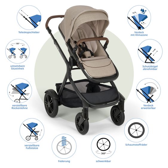 Nuna Buggy e Passeggino sportivo DEMI next bis 22 kg con Rider Board, chiusura magnetica della cintura, sedile Allwetter reversibile, maniglione regolabile in altezza, protezione visiva integrata incl. adattatore e copertura antipioggia - Cosmopolitan